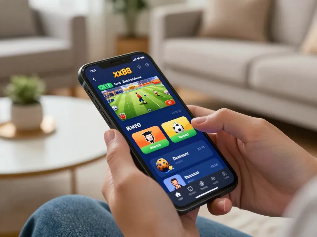 Betting on the xx88 app, capturing an excited user engaging with mobile sports betting.