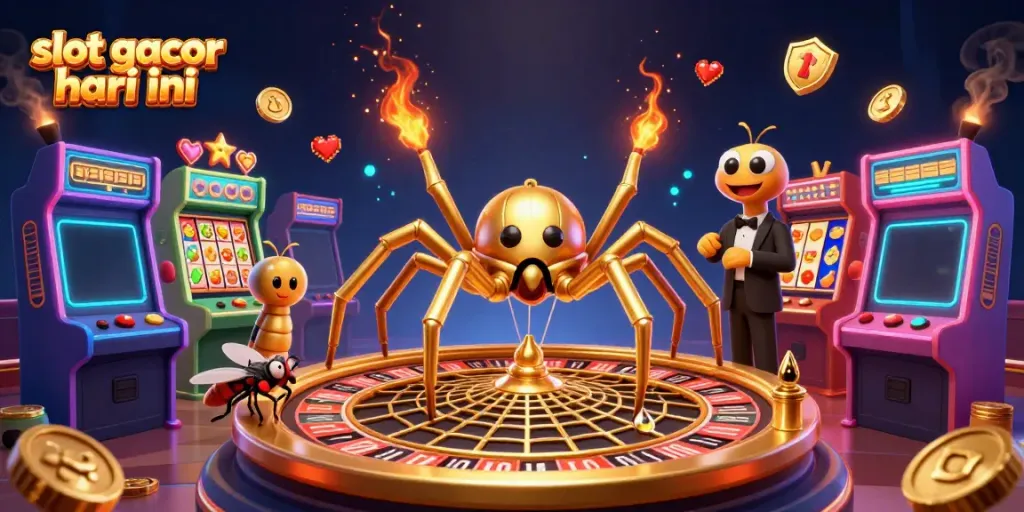 Experience the excitement with slot gacor hari ini, featuring a dynamic casino scene with a golden spider and gaming elements.