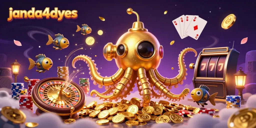 Permainan menegangkan janda4dyes dengan kraken dan koin emas yang berhamburan.