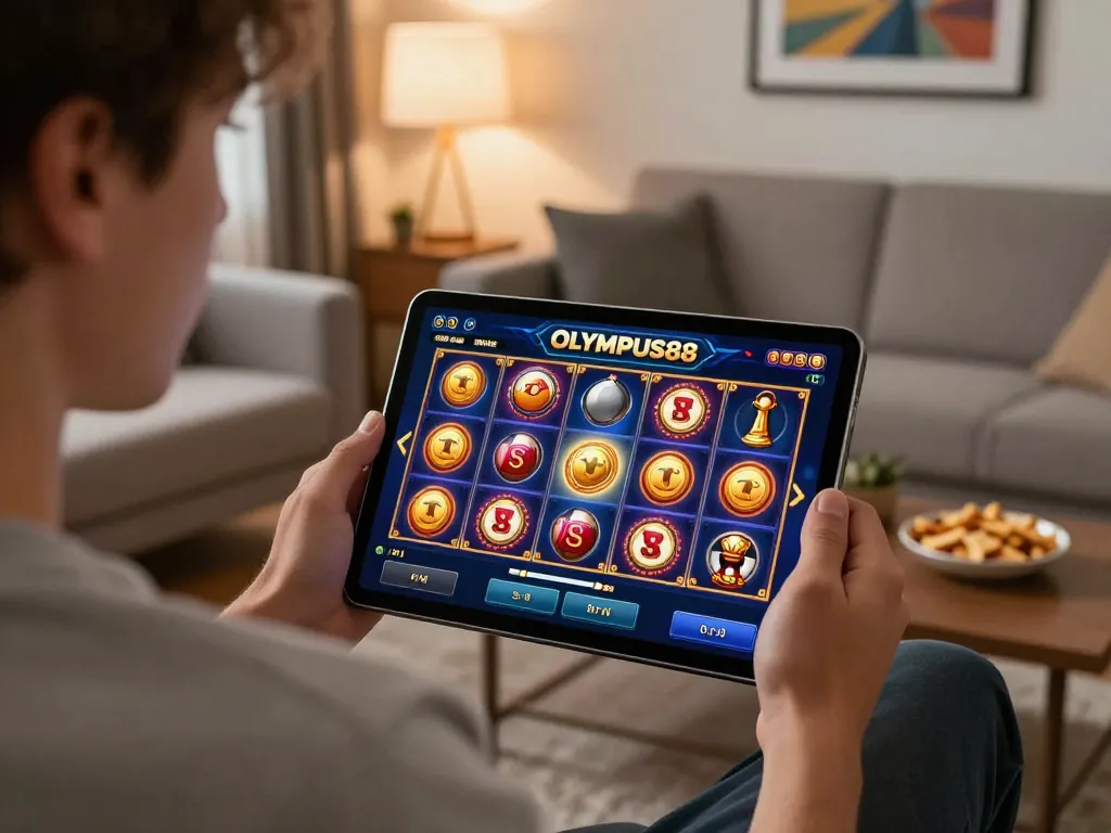Engaging with the olympus slot game on a tablet in a cozy home setting.