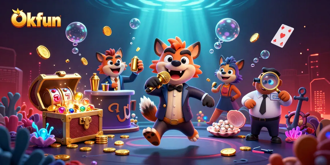 Engage in the exhilarating world of Okfun with a vibrant 3D casino scene featuring hyenas and dynamic games.