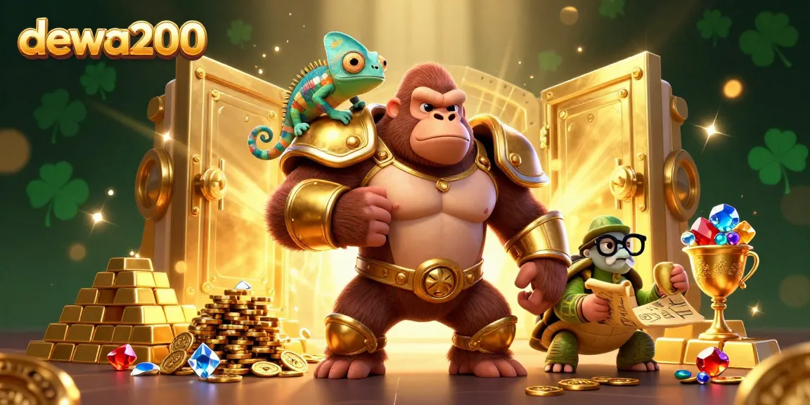 Gorilla raja dengan chameleon dan kura-kura menyusun strategi kemenangan di dewa200, dikelilingi kekayaan judi.