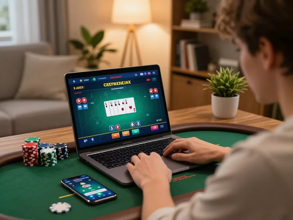 Player engaging with zx88 poker app on laptop in a cozy home setting.