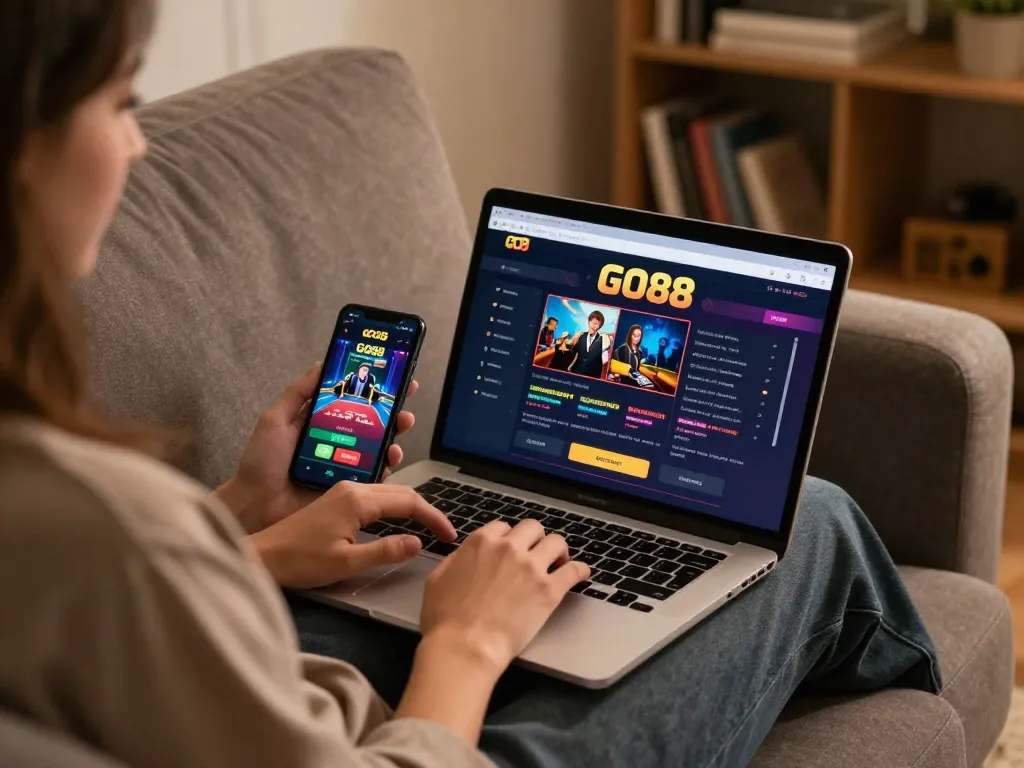 Engaging with GO88's online casino interface on a laptop, enjoying a relaxed home gaming experience.