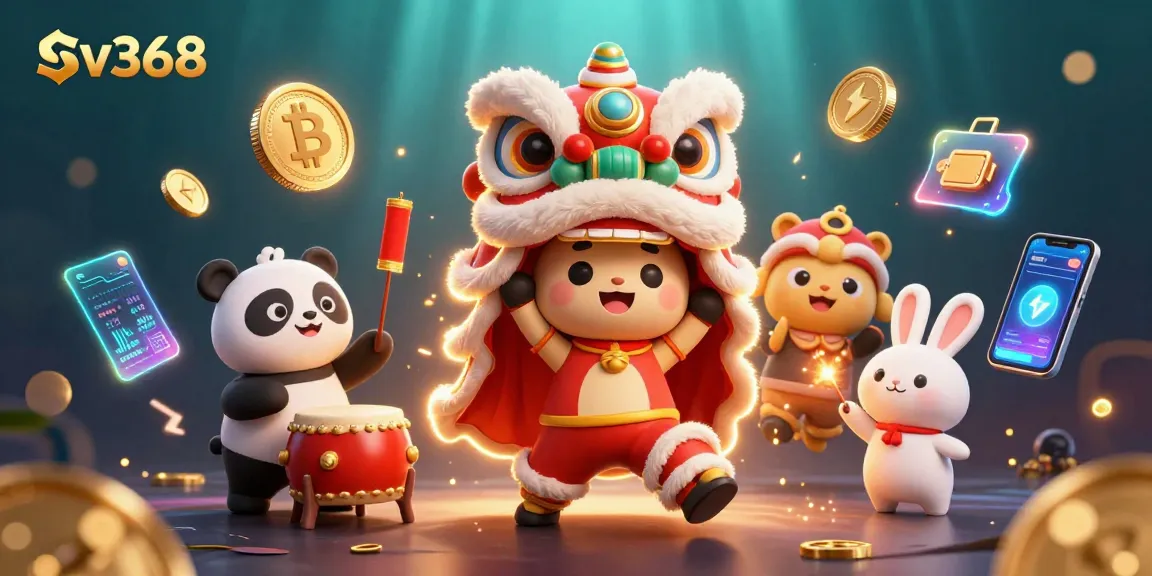 Play at sv368 in a vibrant, 3D scene of vibrant casino festivities with exciting characters.