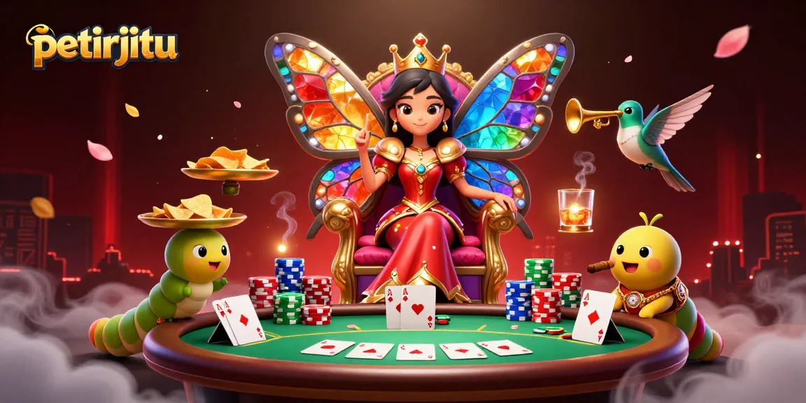 Menguji keberuntungan Anda di petirjitu dengan ilustrasi raja kupu-kupu berwarna-warni dan permainan poker yang menarik.