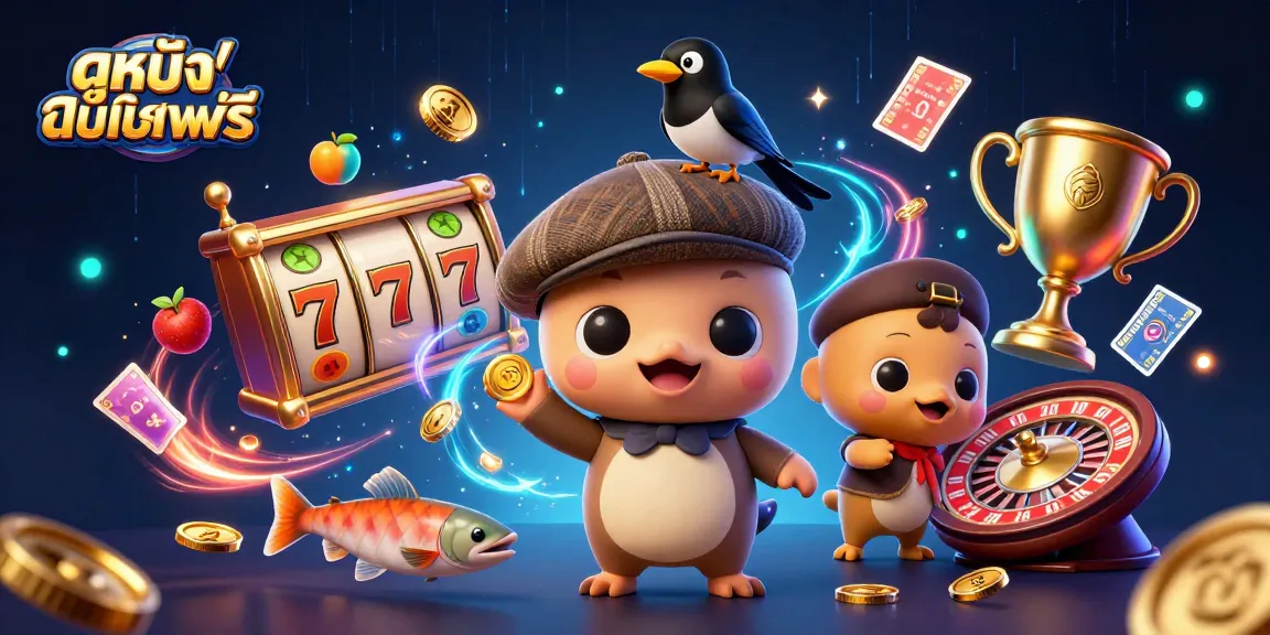 Engage with ดูหนังออนไลน์ฟรี while winning big at casino slots illustrated with vibrant characters and game elements.