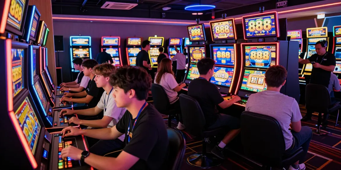 Permainan 888 slot di arena arcade dengan pemain bersemangat dan suasana hidup yang ceria.