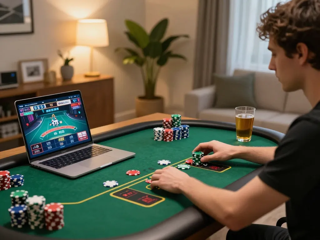 Engaging gameplay at 888NEW online casino on a laptop with poker chips and drink nearby