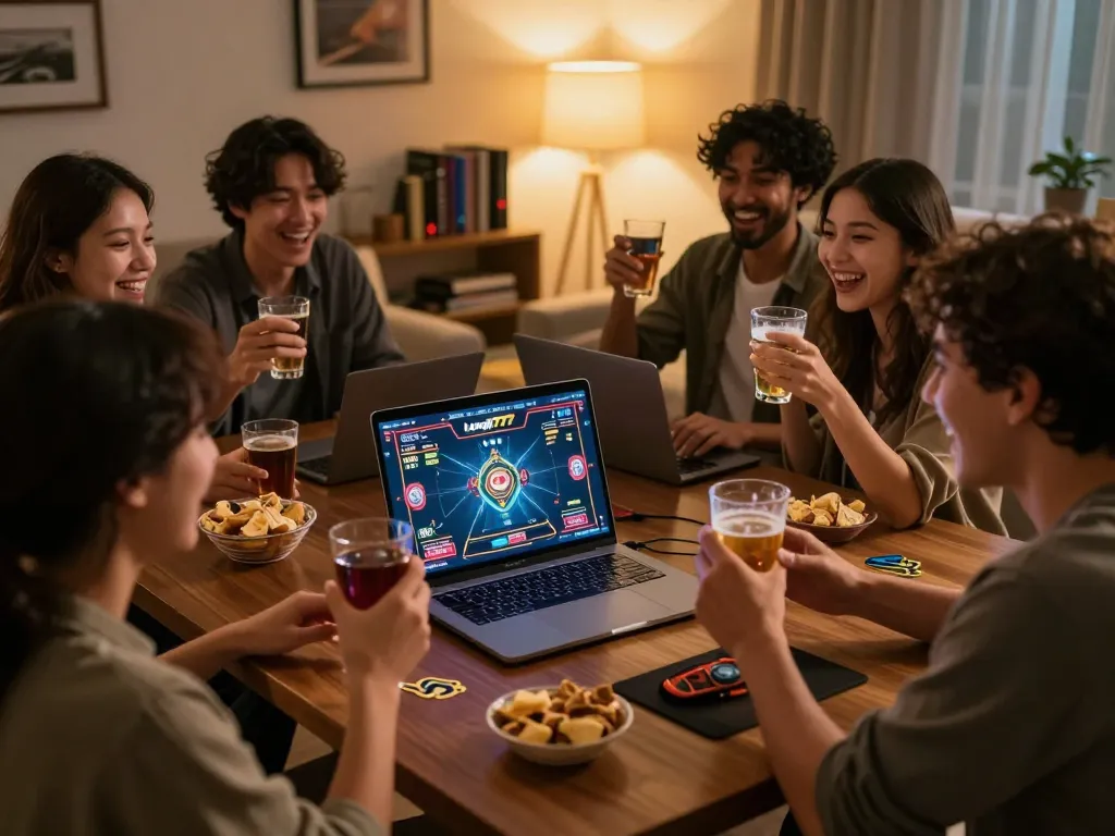 Friends celebrating winning strategies on Langit777 during an online gaming night at home.