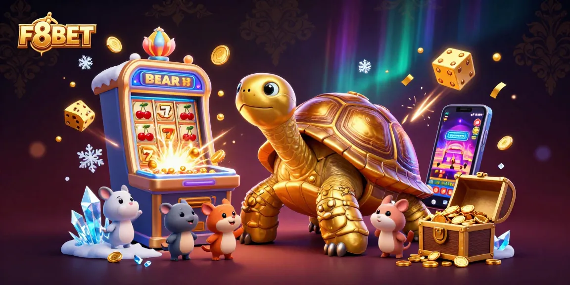 Experience thrilling casino games at F8BET featuring an exciting 3D illustration with a golden tortoise pinball and slot machine.