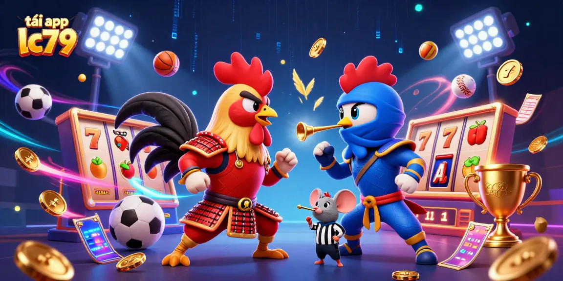 Trải nghiệm tải app lc79 với những chú gà đánh nhau trong một không gian casino đầy màu sắc.