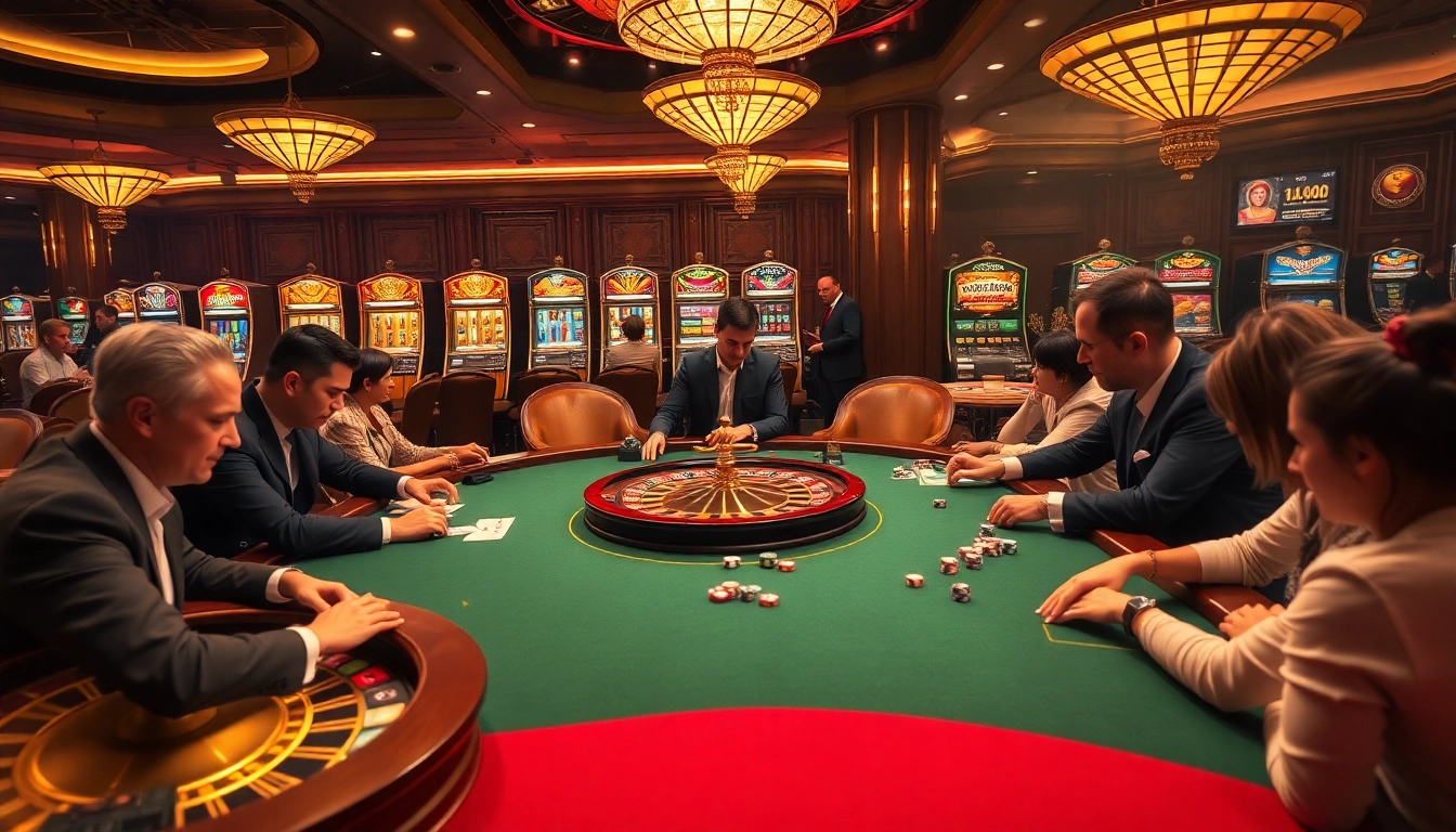 A captivating casino scene featuring a thriving poker table and roulette wheels, emphasizing professional gambling strategies through excitement and luxury.