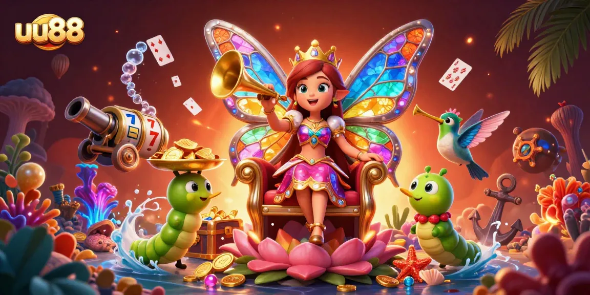 Experience the excitement of uu88 as the butterfly queen welcomes players with treasure and vibrant casino elements.