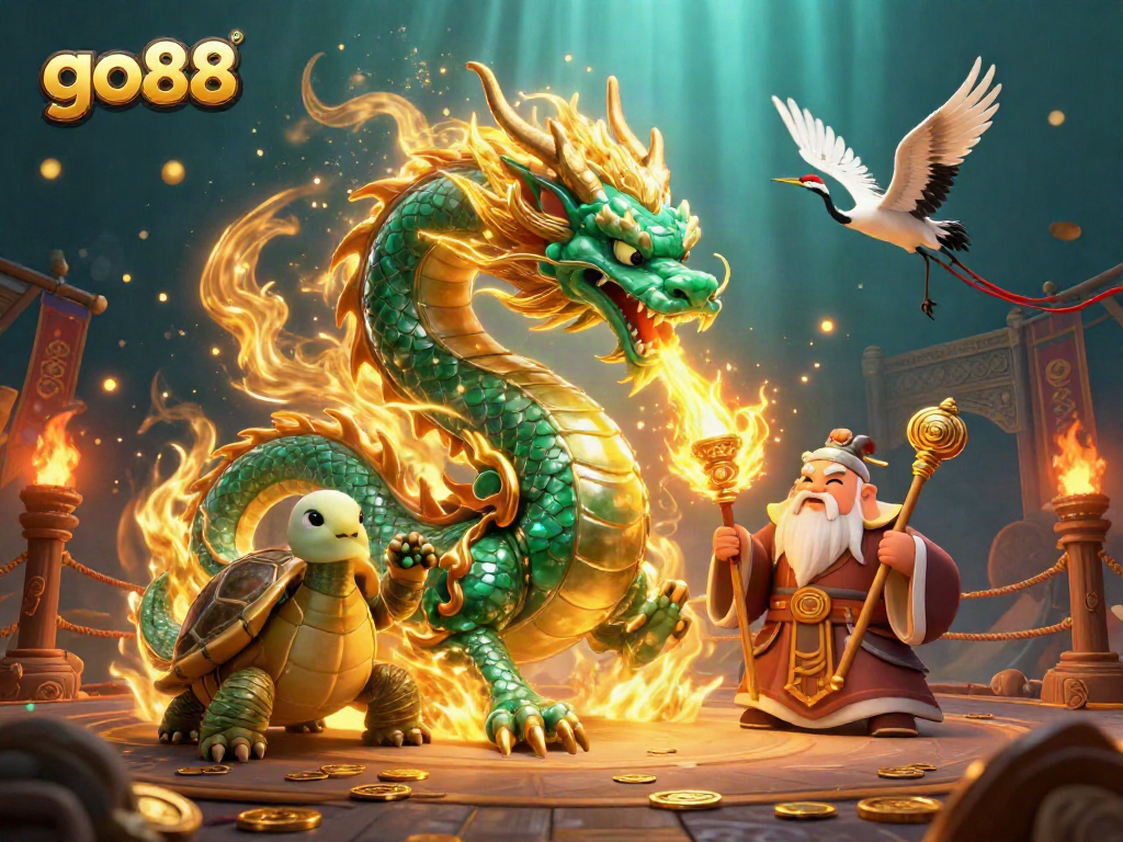 Experience thrilling gameplay at go88 with a vibrant dragon and lucky cranes in a captivating illustration.