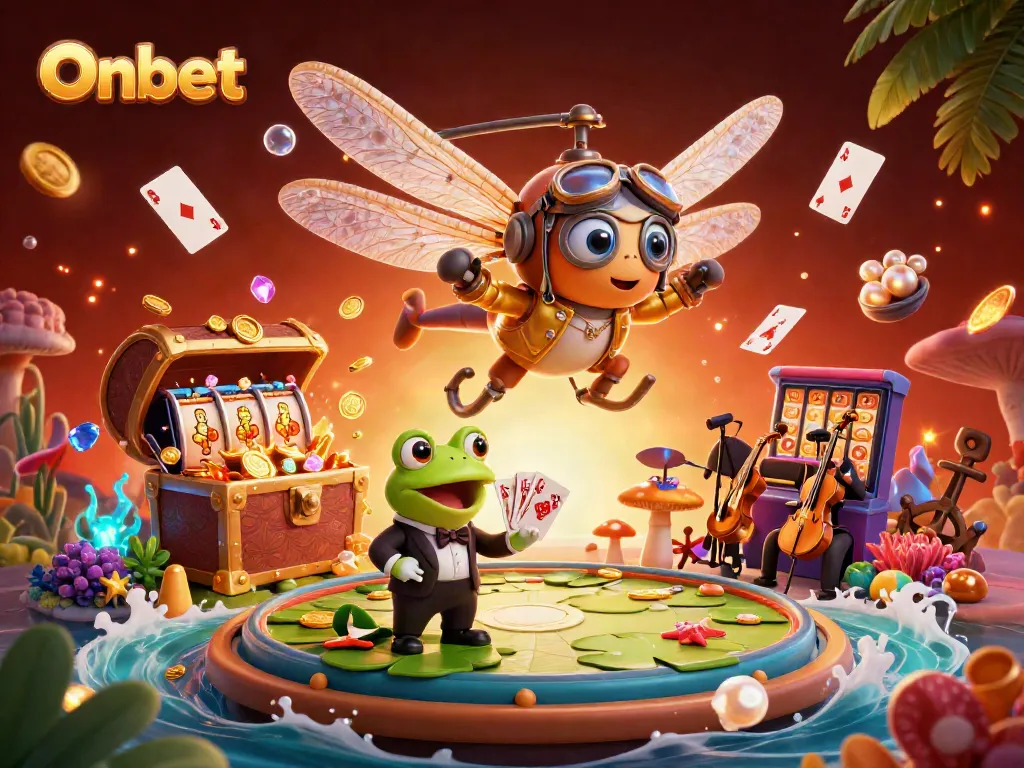 Win big with Onbet as a dragonfly pilot and frog croupier navigate a vibrant casino scene