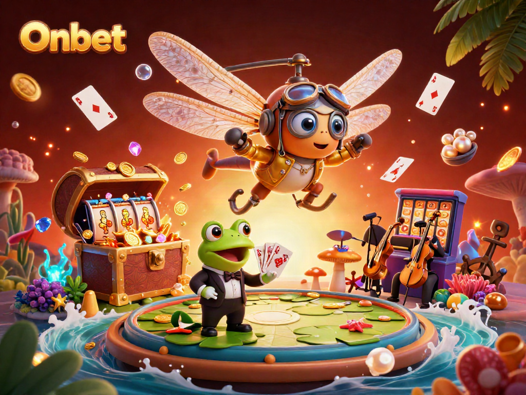 Win big with Onbet as a dragonfly pilot and frog croupier navigate a vibrant casino scene