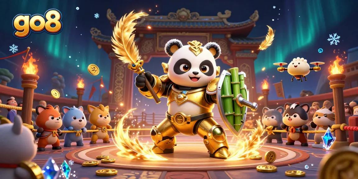 The go8 gambling experience showcases a thrilling dynamic arena with 3D cartoon characters battling, enhanced by scattered betting tokens.