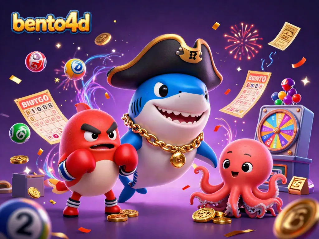 Engage with bento4d's exciting world as the pirate shark and friends celebrate jackpots and lottery wins.