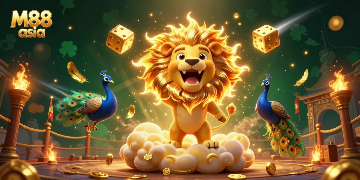 Experience thrilling bets with M88 asia's vibrant casino scene featuring a roaring lion and golden dice.