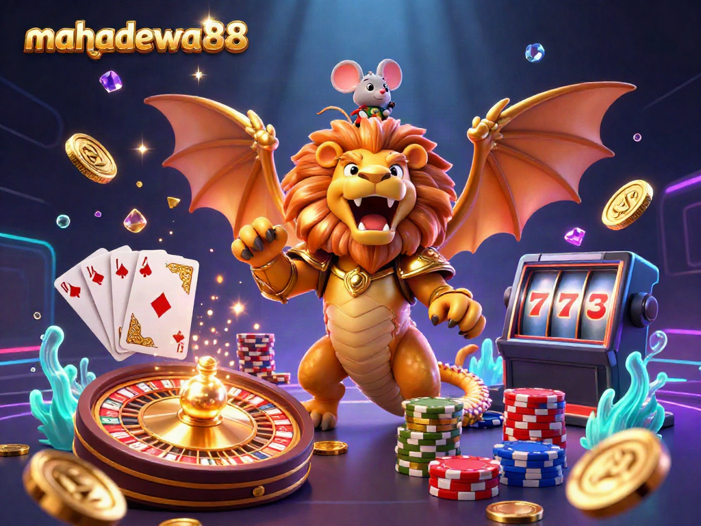 Engage in thrilling gameplay with MAHADEWA88's vibrant 3D casino scene featuring dynamic characters and exciting game elements.