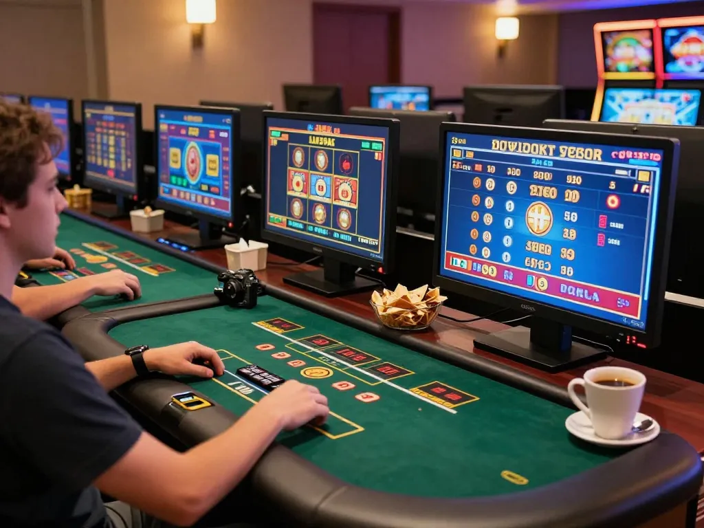 Player engaged in online casino gaming on multiple screens showcasing sc88vn, with vibrant slot graphics and a cozy atmosphere.