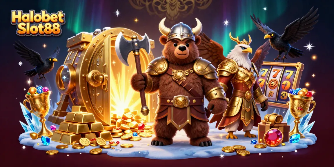 Experience the excitement of Halobet Slot88 with a Viking bear and Valkyrie amidst treasure and slot elements.