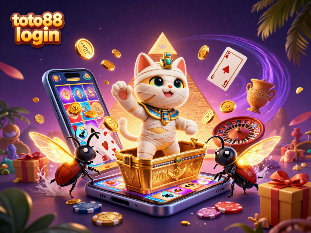 Experience thrilling fun with toto 88 login in a vibrant pyramid casino illustration featuring a mummy cat and glowing scarab.
