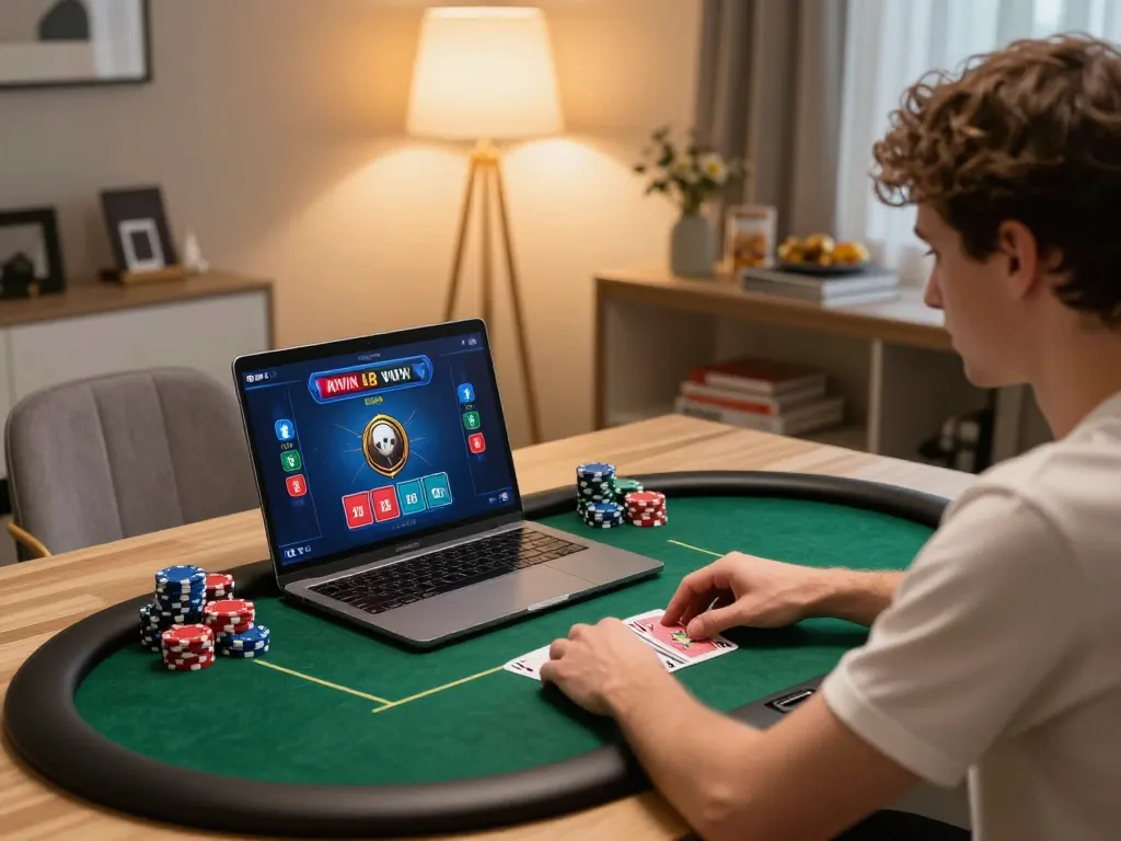 Engaged player strategizing in online poker at Iwin, showcasing chips and cards.