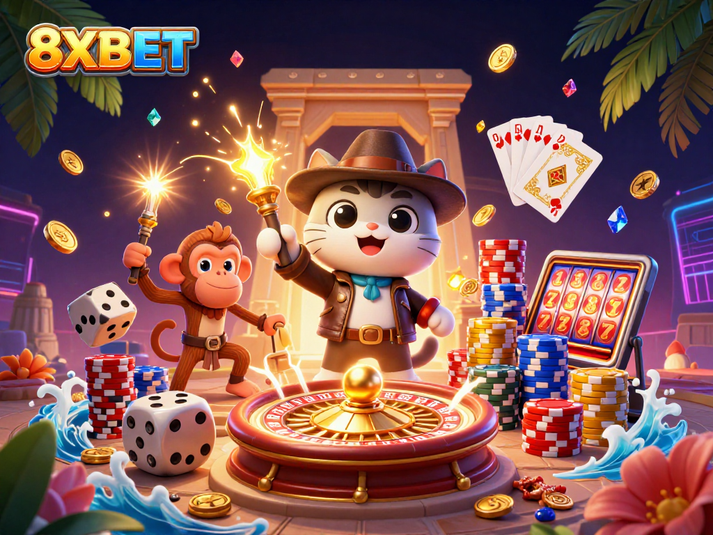 Experience thrilling gameplay with 8XBET featuring golden artifacts and casino elements.