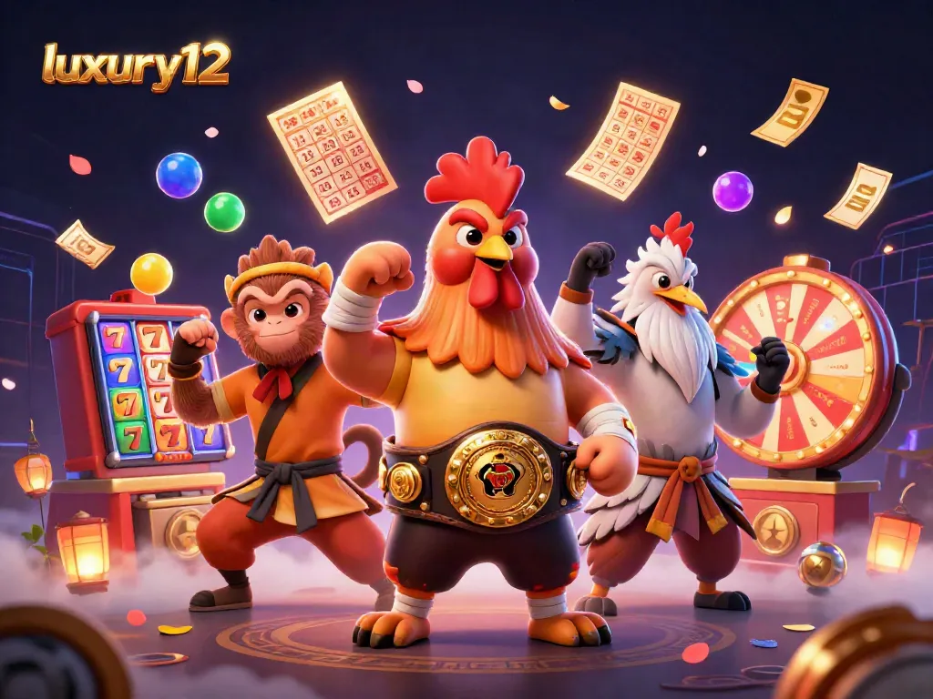 Luxury12 menampilkan ilustrasi kasino dengan karakter 3D yang menarik sambil memutar slot dan bola lotere.