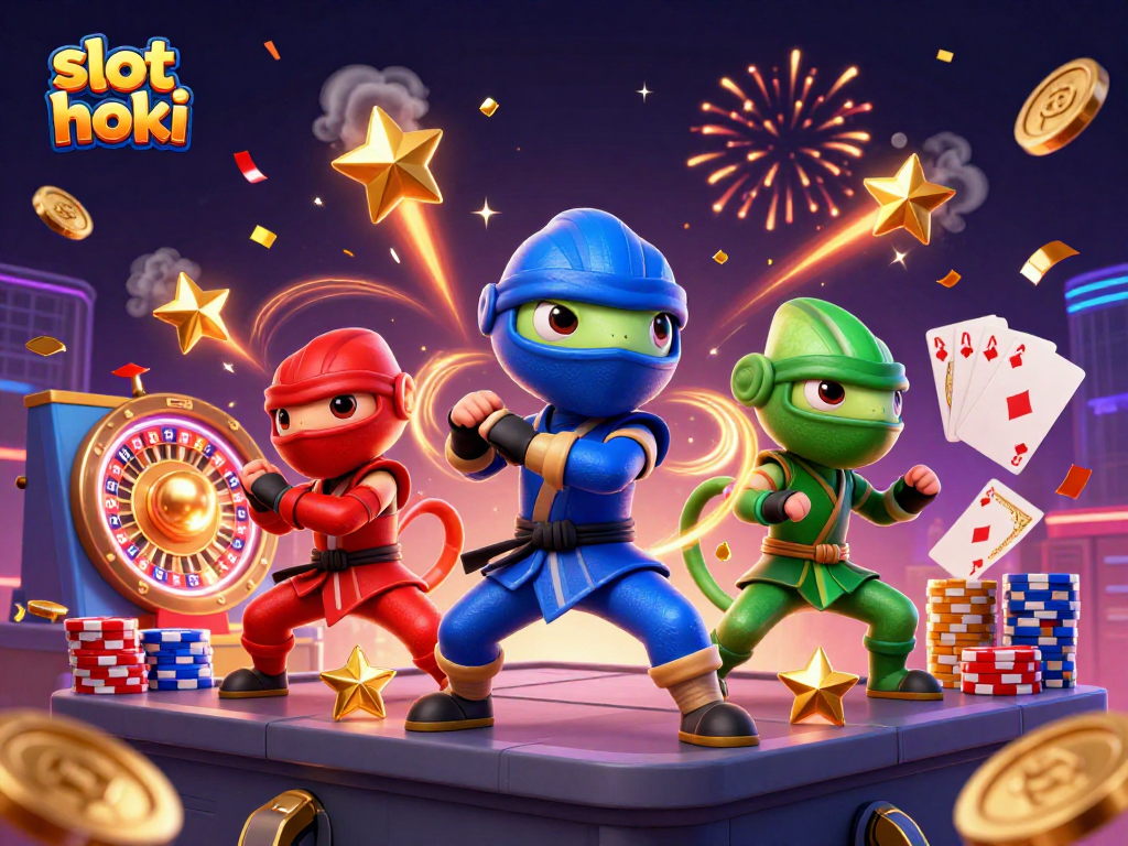 A dynamic illustration showcasing slot hoki with a ninja chameleon team performing martial arts surrounded by casino elements.