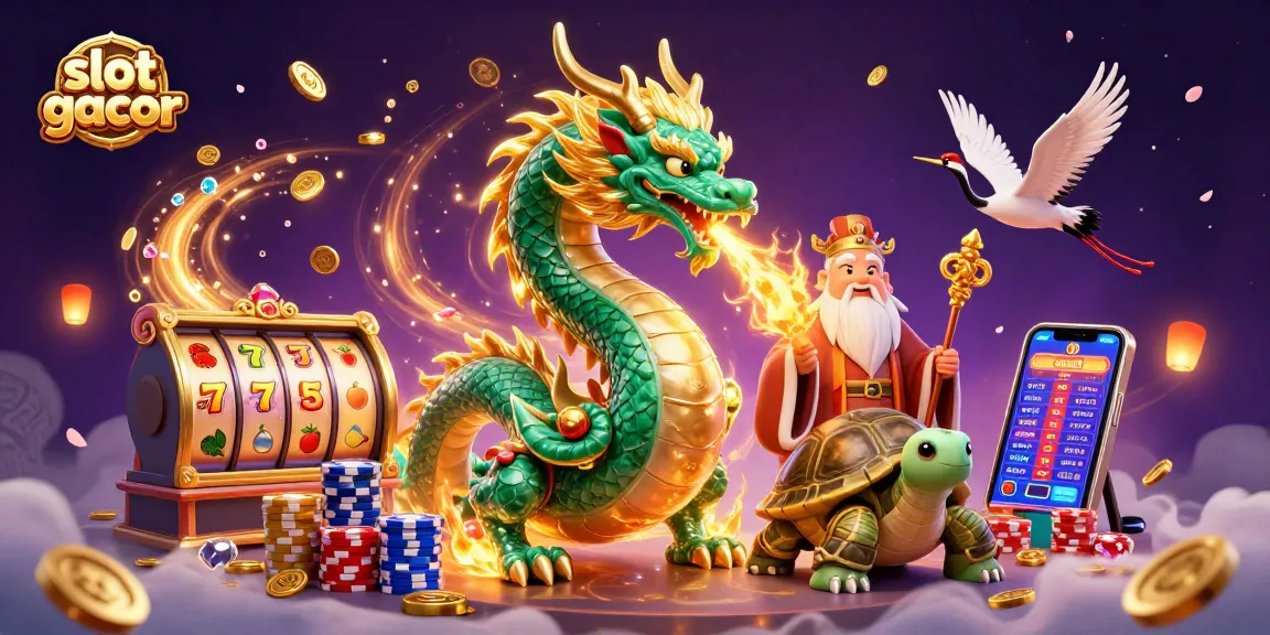 Menggali slot gacor dengan naga jade besar yang menyemprotkan api emas, dikelilingi koin dan permata berkilauan.