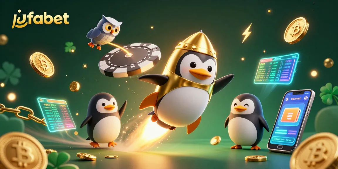 Engage in gaming excitement with ufabet as a golden penguin blasts through space to a casino chip station.
