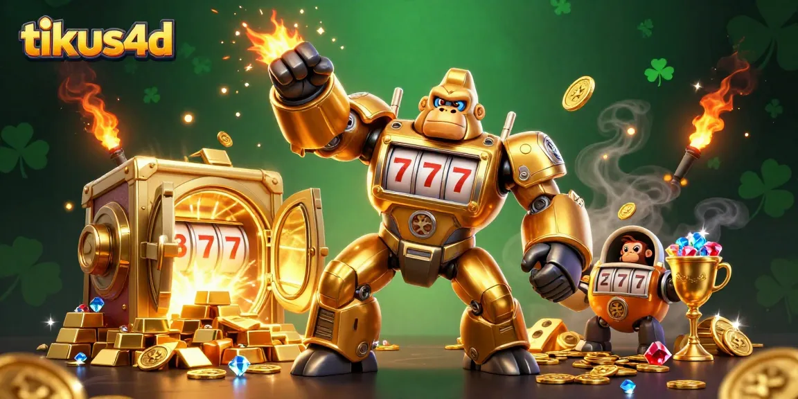 Experience thrilling action with tikus4d as the golden gorilla mech blasts through a treasure-filled scene.