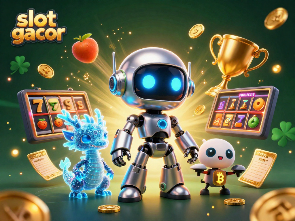 Jelajahi dunia slot gacor dengan ilustrasi 3D yang menampilkan robot canggih dan elemen kasino yang menarik.
