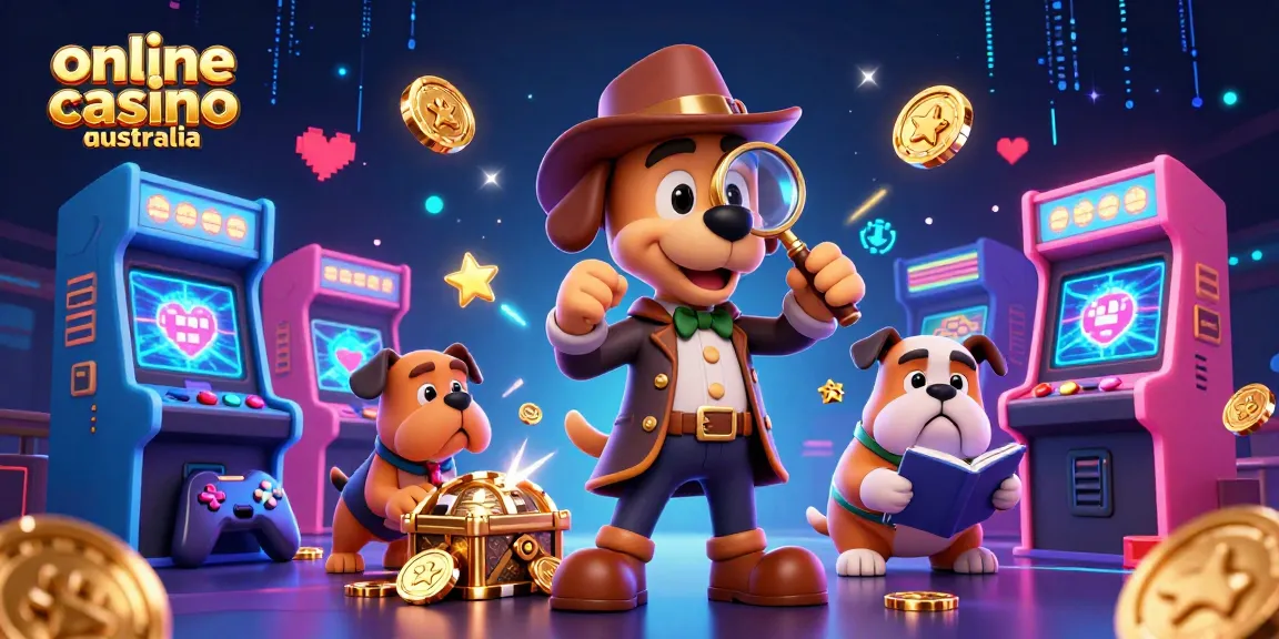 Engage in thrilling gameplay at online casino Australia with a detective scene full of poker chips and arcade machines.