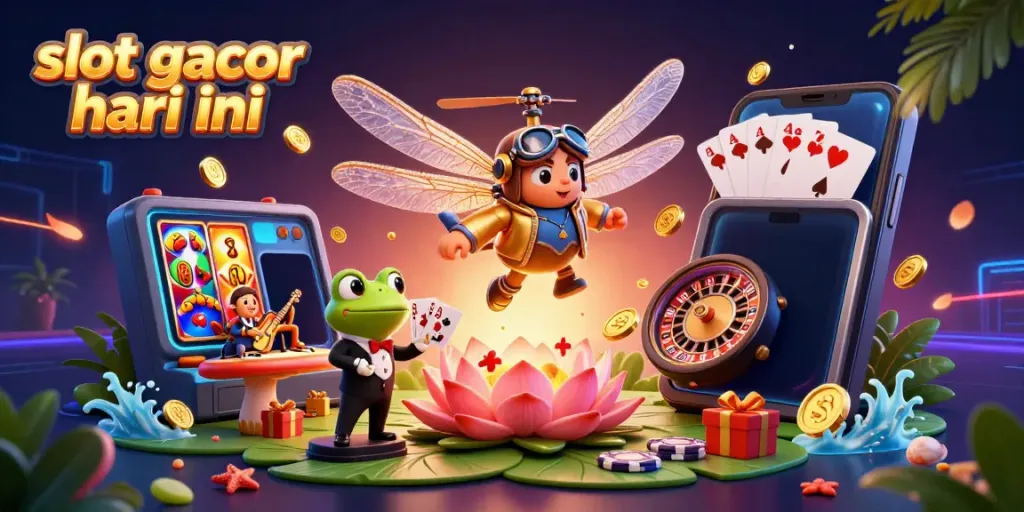 Ilustrasi slot gacor hari ini dengan karakter unik di kasino nyaman, croupier katak dan musisi kriket.