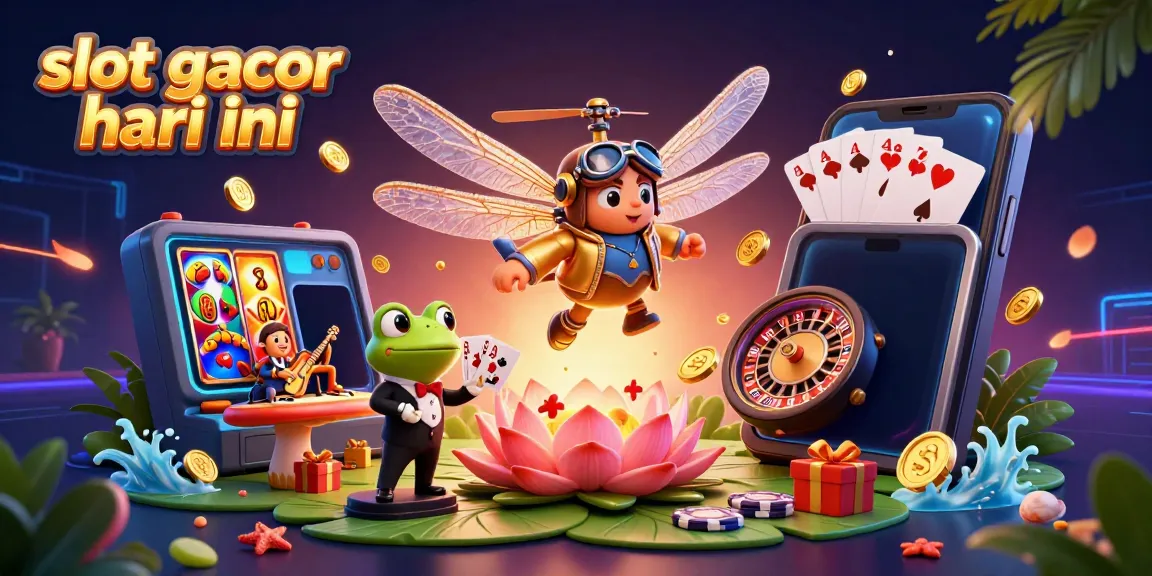 Ilustrasi slot gacor hari ini dengan karakter unik di kasino nyaman, croupier katak dan musisi kriket.
