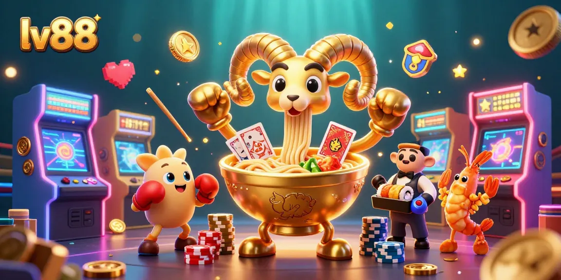 Engage with the vibrant lv88 casino, showcasing dynamic characters playing in a festive arcade atmosphere.