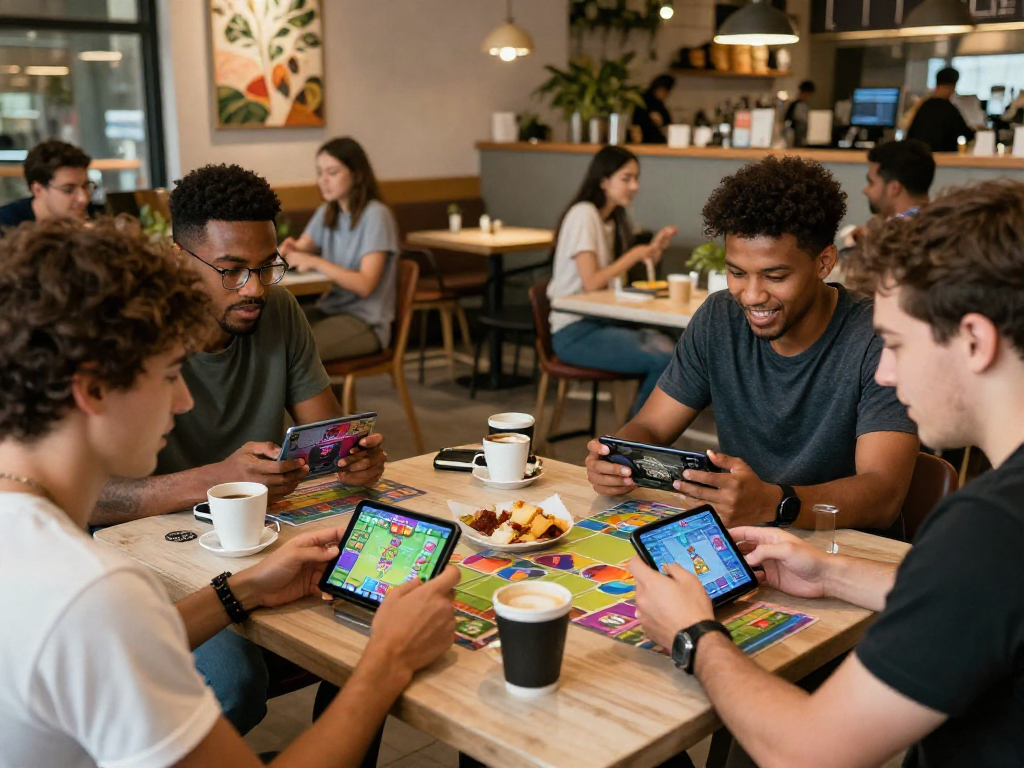 Rumble Rummy players strategizing in a lively cafe, showcasing mobile gameplay excitement.