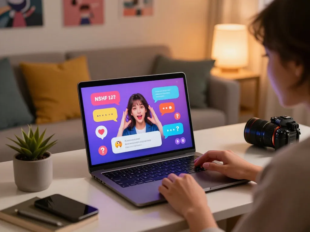 Engaging scene of free AI sex chat on laptop with vibrant avatars and playful elements in a cozy workspace.