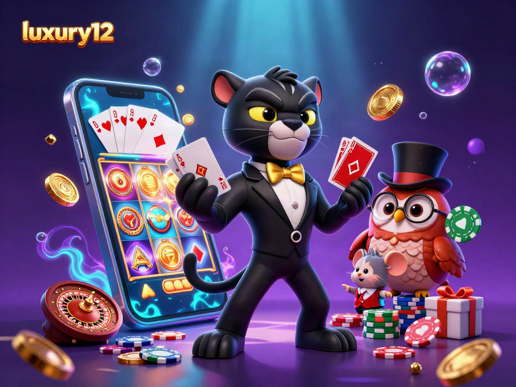 luxury12 mempersembahkan ilustrasi kasino dengan panther stylish, burung hantu, dan tikus keberuntungan