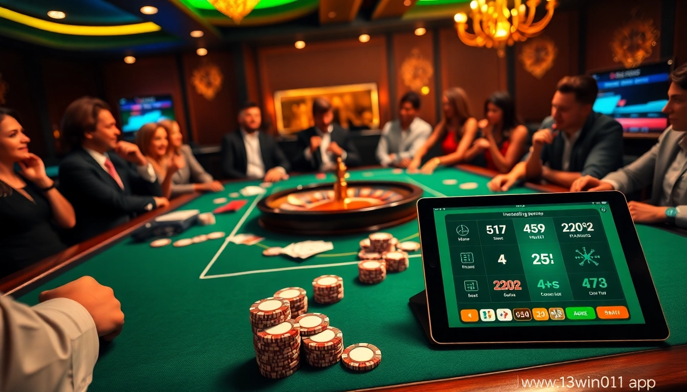 Exciting poker game action at https://13win01.app/ with vibrant chips and cards in a luxurious casino.