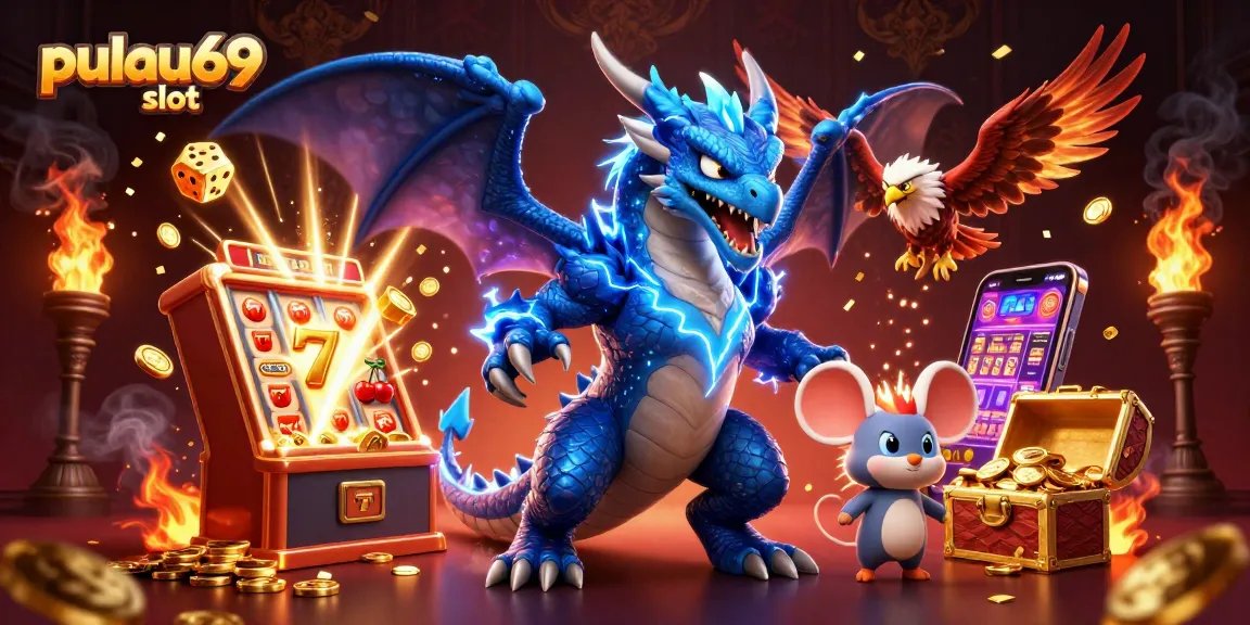 Pulau69 slot showcases an exhilarating jackpot explosion with vibrant casino symbols and characters.