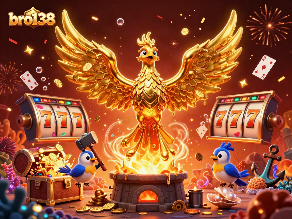 Slot dan jackpot meriah di bro138, dengan phoenix emas meledakkan koin dan harta