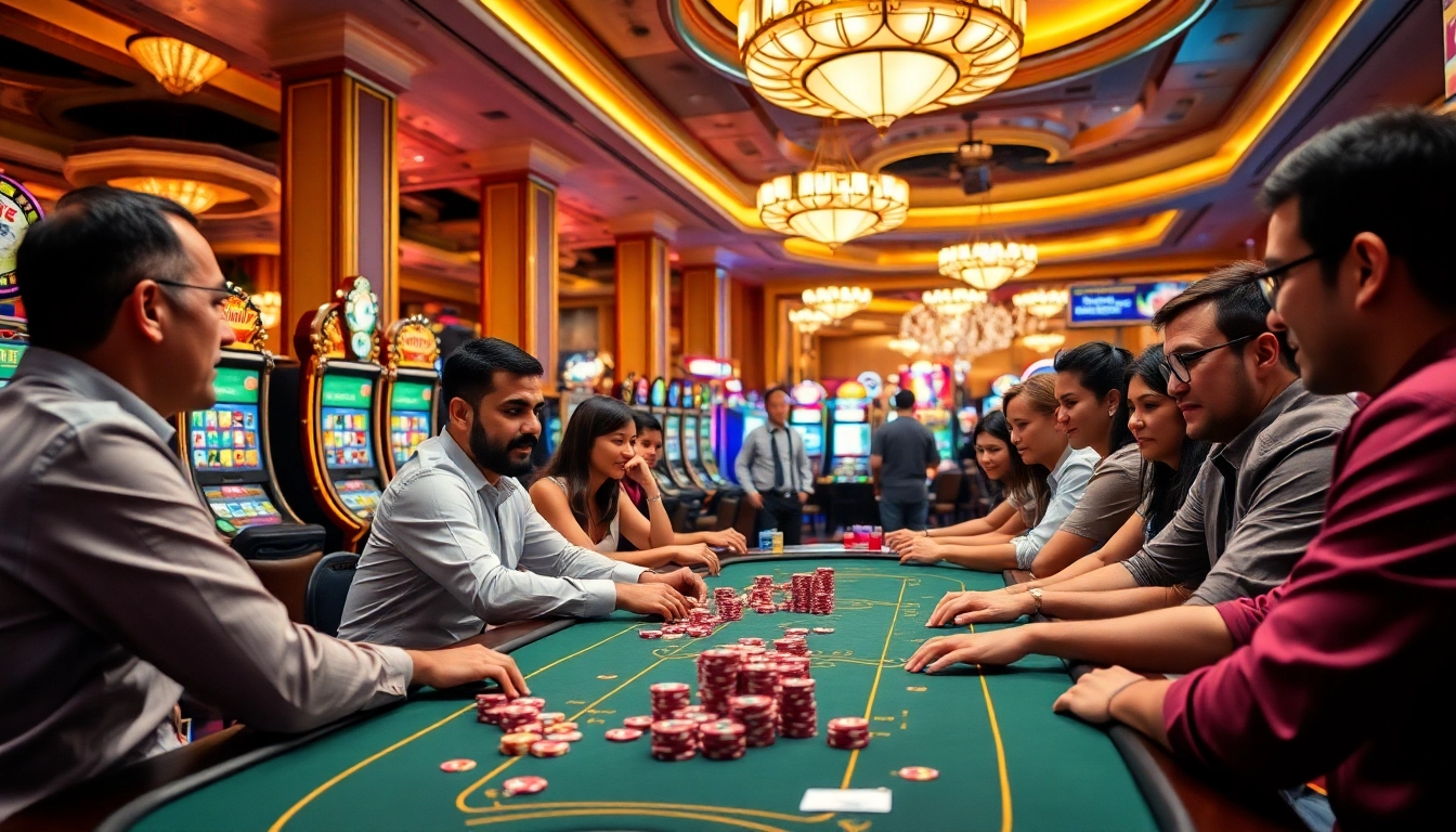 Engaging gameplay at a vibrant singapore online casino with diverse players at a gaming table.