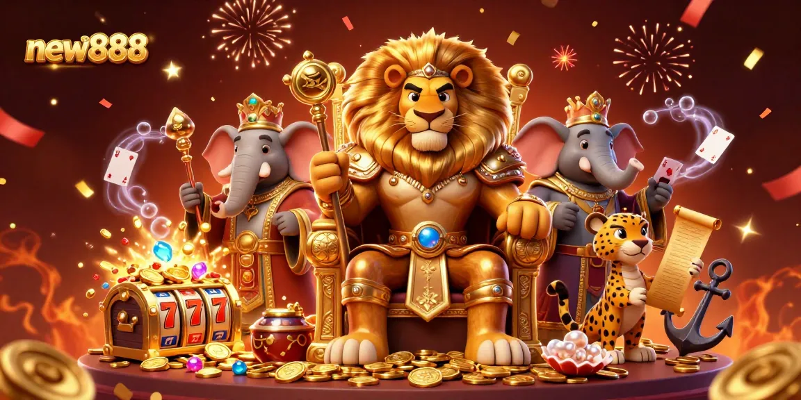 Experience the thrill of new888 with dynamic casino characters amidst vibrant gaming elements.