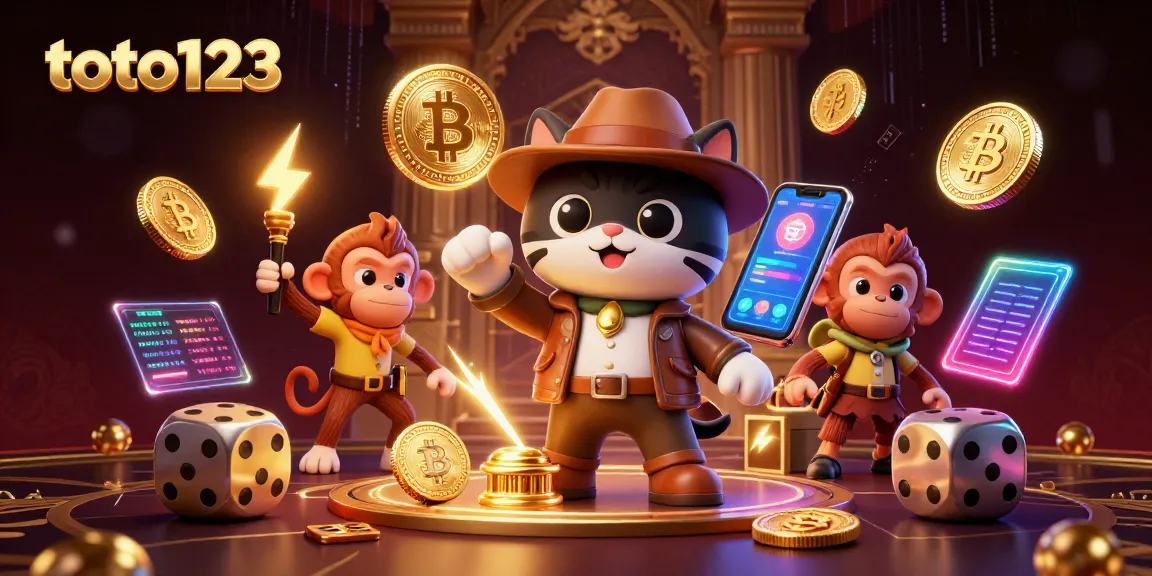 Win big with toto123's vibrant casino adventures showcasing a cartoon explorer and treasures.