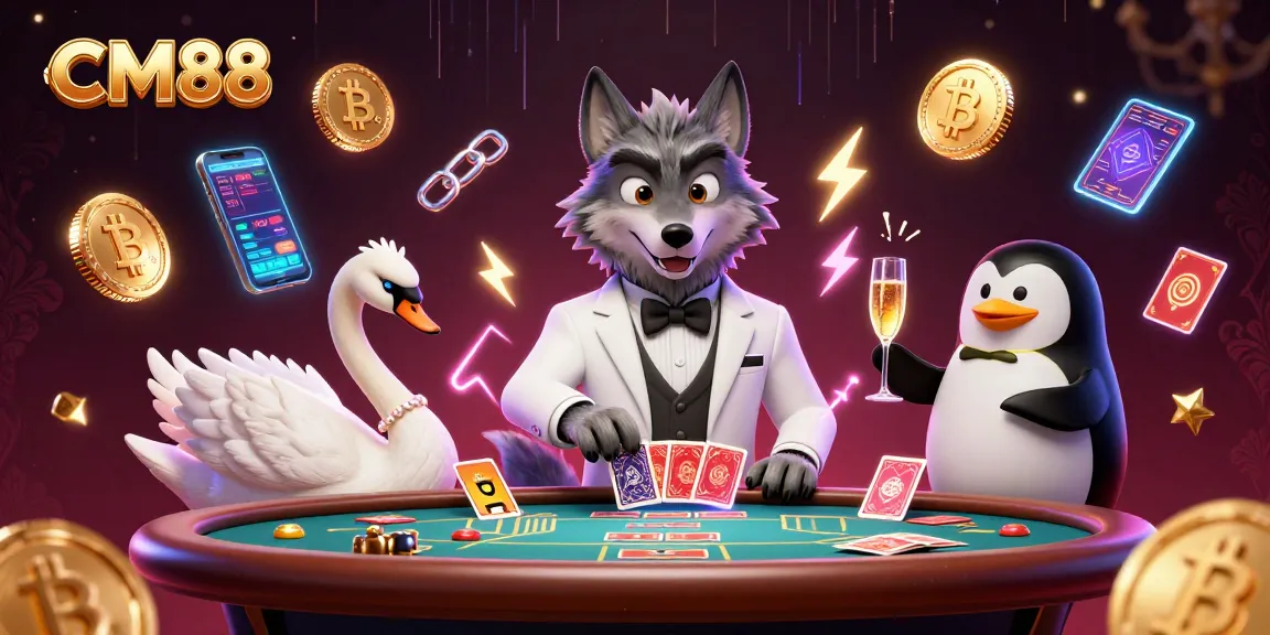 Experience CM88 with a debonair wolf, elegant swan, and sophisticated penguin in a vibrant casino scene.